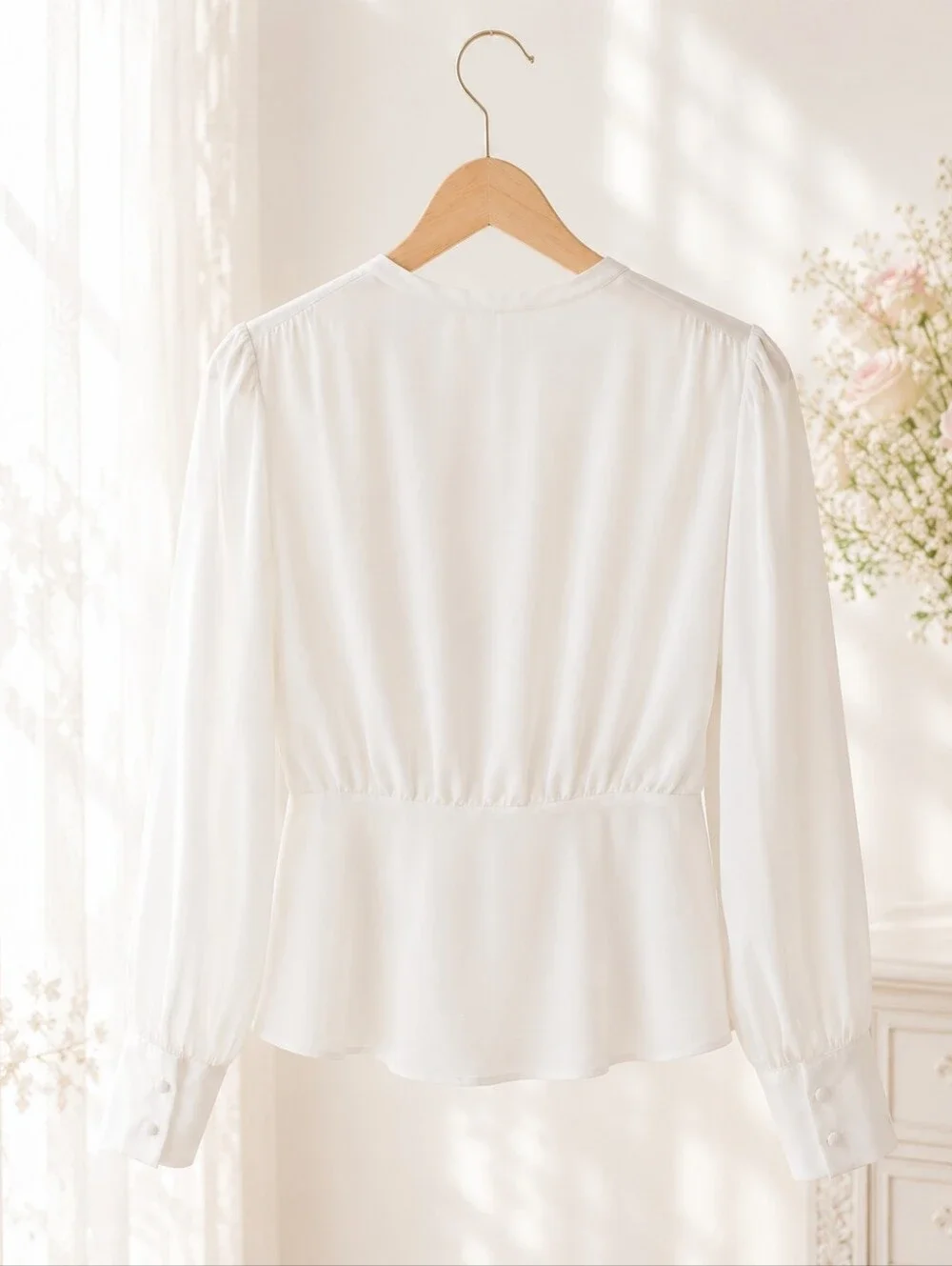 Ivory Wrap Blouse | Romantic Feminine Sheer Sleeve Top - Picture 5 of 7